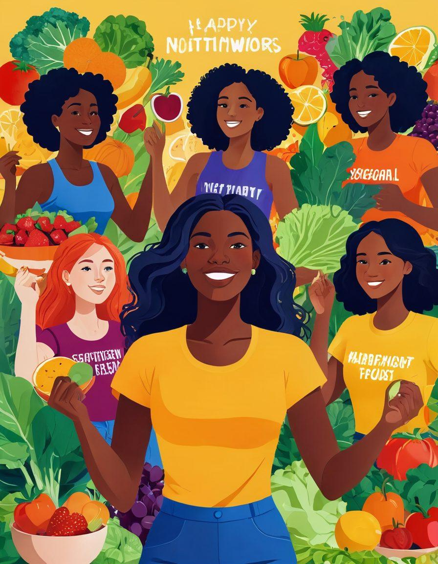 A dynamic illustration of diverse women engaged in various activities symbolizing nutrition, motivation, and support, surrounded by healthy foods like fruits and vegetables, inspirational quotes in flowing typography in the background, bright and uplifting color palette, depicting a sense of community and empowerment. vibrant colors. super-realistic.