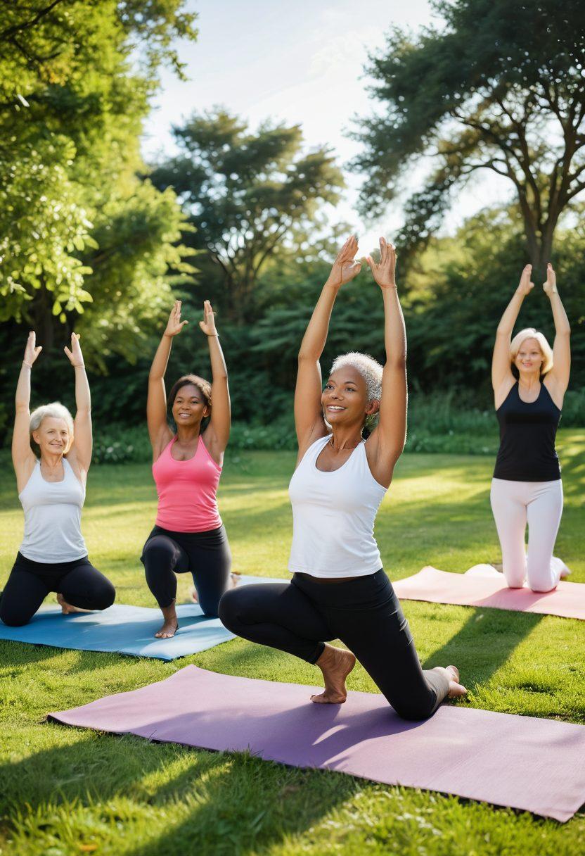 A diverse group of women of various ages and backgrounds engaged in a dynamic outdoor yoga session, surrounded by lush greenery and sunlit skies. The scene showcases their unity, strength, and joy, with colorful yoga mats and healthy refreshments nearby. The atmosphere exudes positivity and empowerment, symbolizing wellness and active living. soft pastels. vibrant colors. nature-inspired.